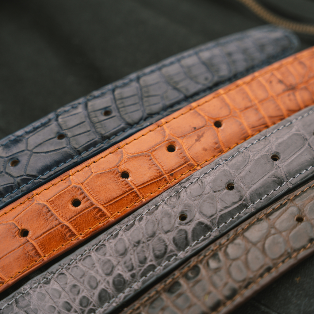 Crocodile Belt in navy, tan and dark grey #color_Navy #color_Tan #color_Dark Grey