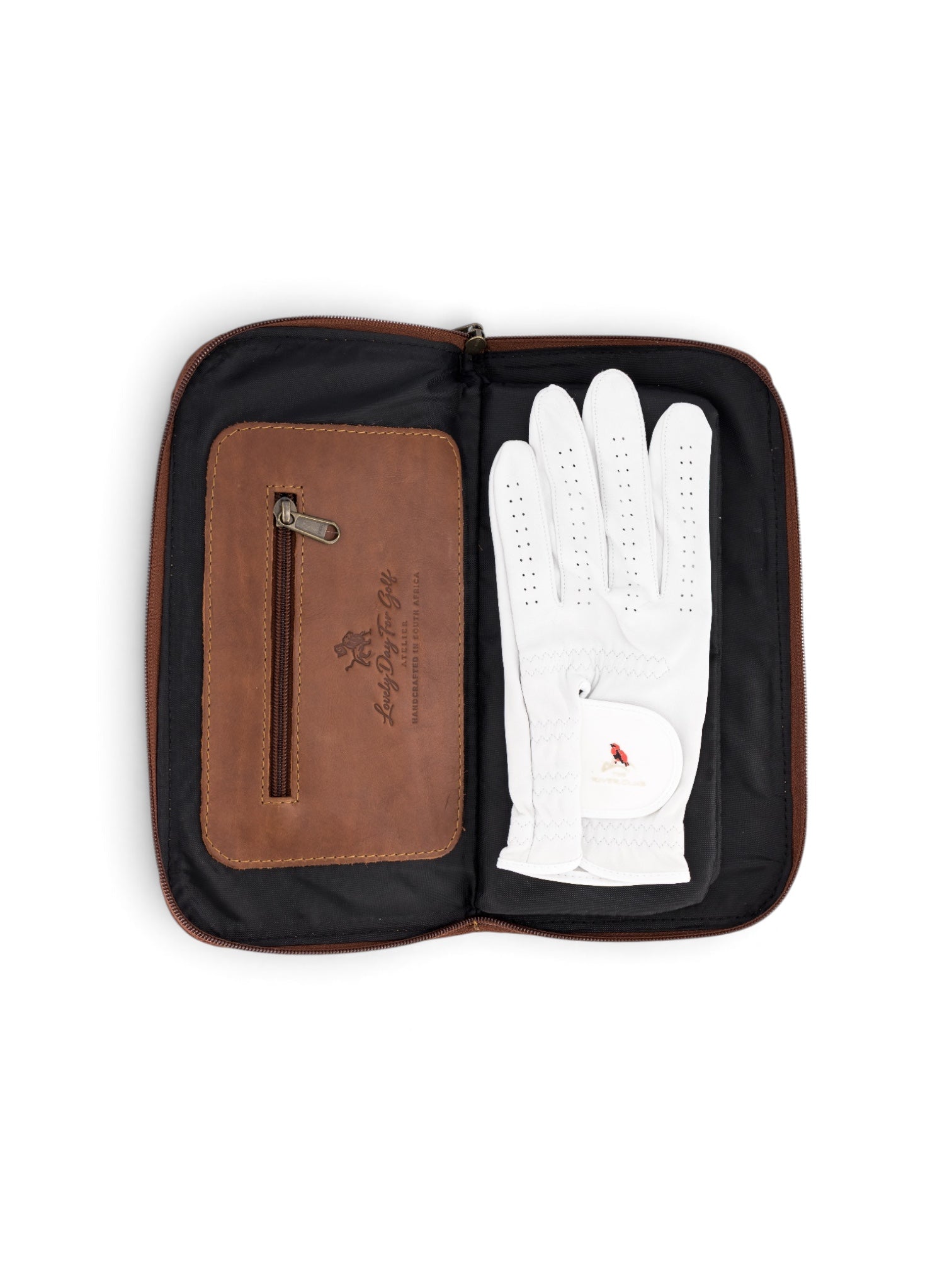 Glove Caddie Tan, open with a golf glove inside, view 3