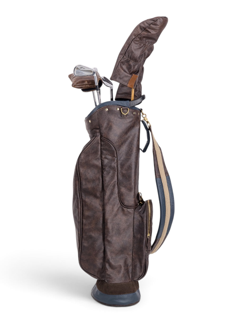 Brown, Navy Trim Leather Sunday Bag golf bag, view 2