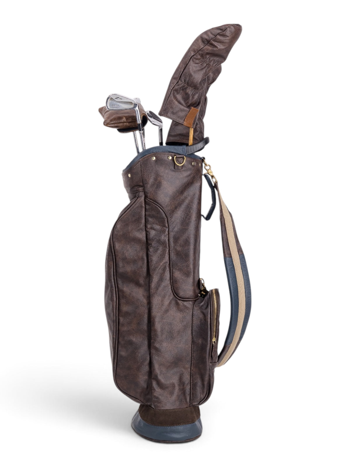 Brown, Navy Trim Leather Sunday Bag golf bag, view 2