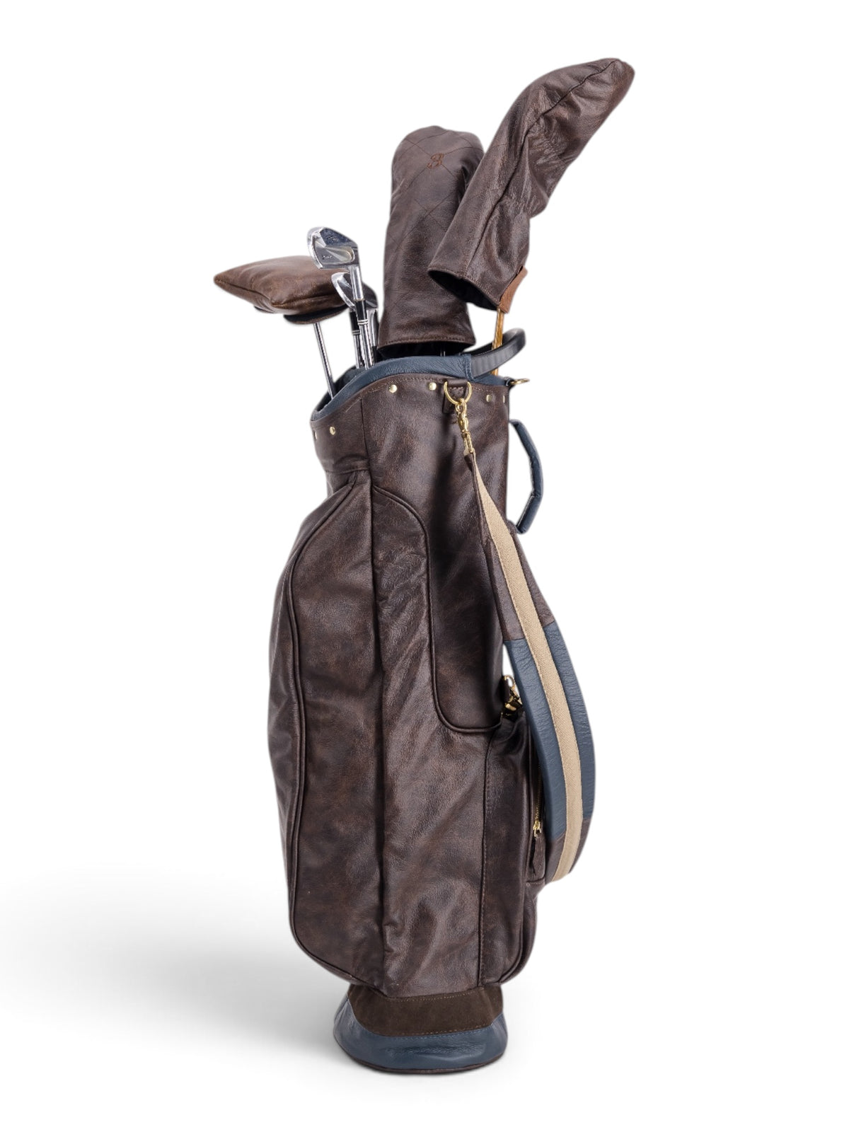 Brown, Navy Trim Leather Sunday Bag golf bag, view 3